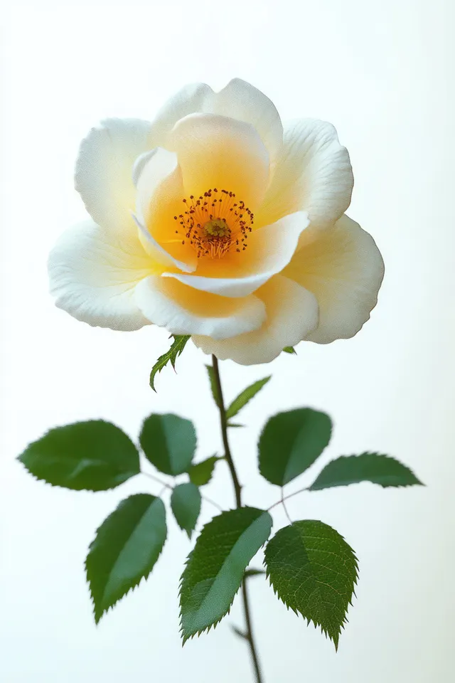 A pale yellow rose in full bloom showcases soft petals and vibrant green leaves against a light background.