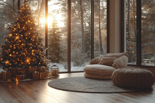 A lit Christmas tree glows in a cozy living room near winter windows and wrapped gift boxes.