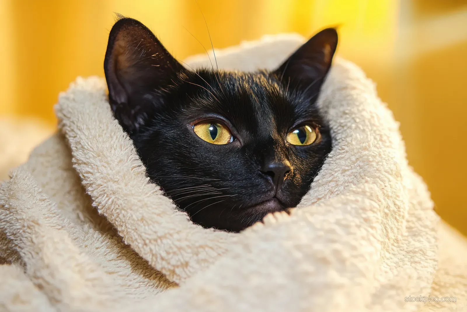 A black cat with bright yellow eyes is wrapped in a beige towel under warm yellow indoor lighting.