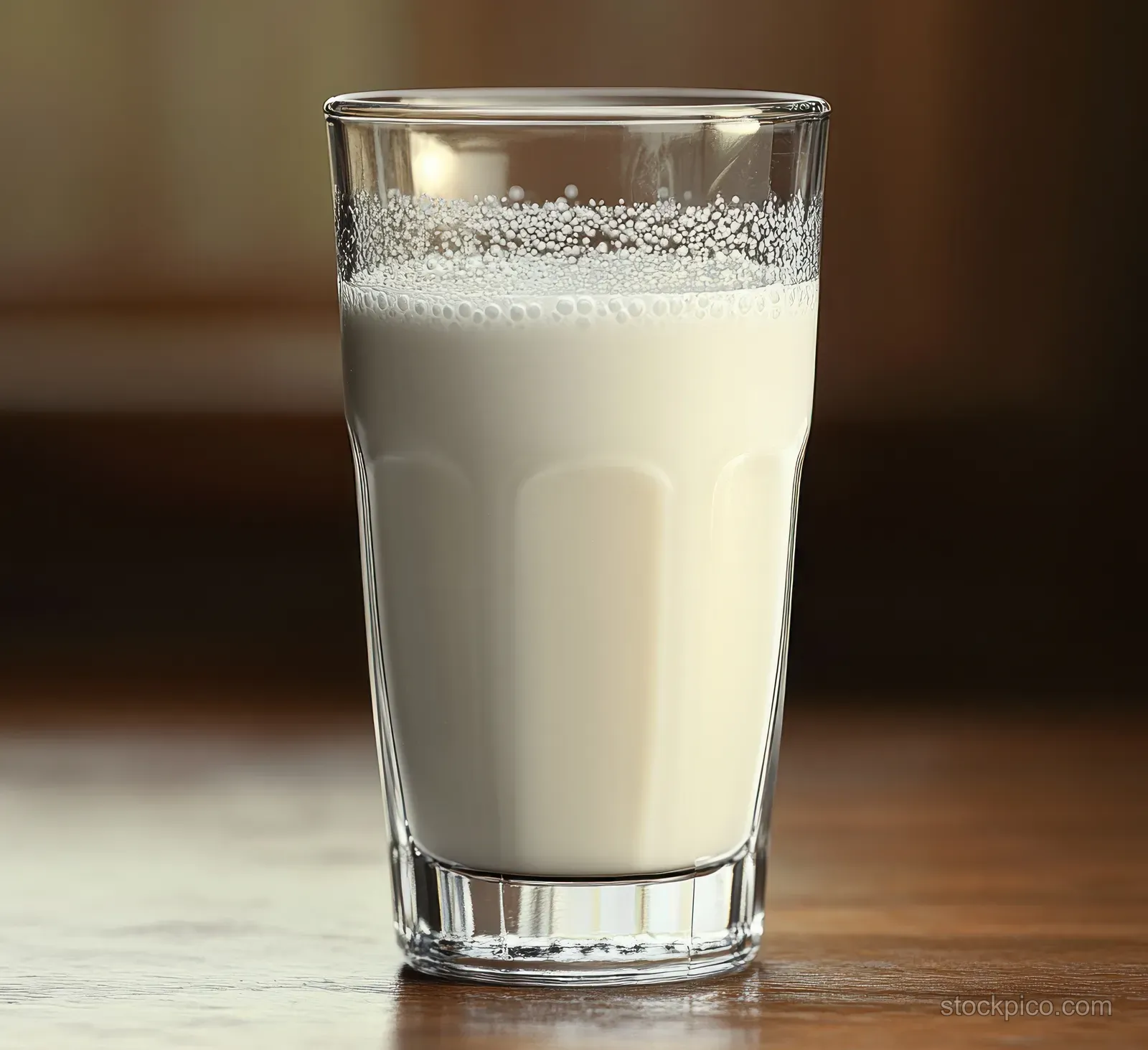 A clear glass of fresh milk with bubbles stands on a wooden table against a softly blurred warm background.