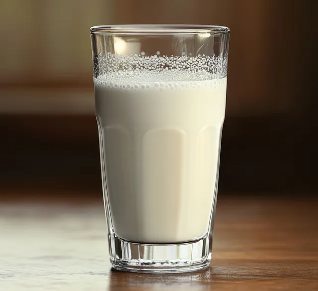 A clear glass of fresh milk with bubbles stands on a wooden table against a softly blurred warm background.