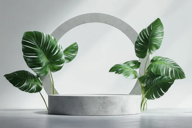 Concrete circular pedestal supporting a cluster of tropical monstera leaves on a light gray background.