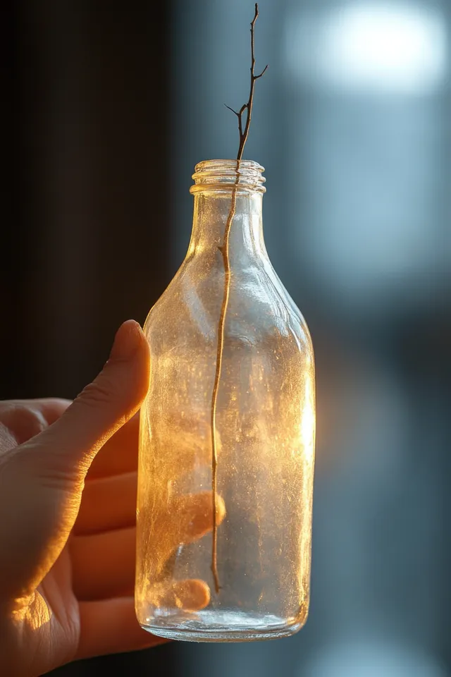 Fingers hold a clear glass bottle containing a thin dry twig while warm sunlight glows through the glass.