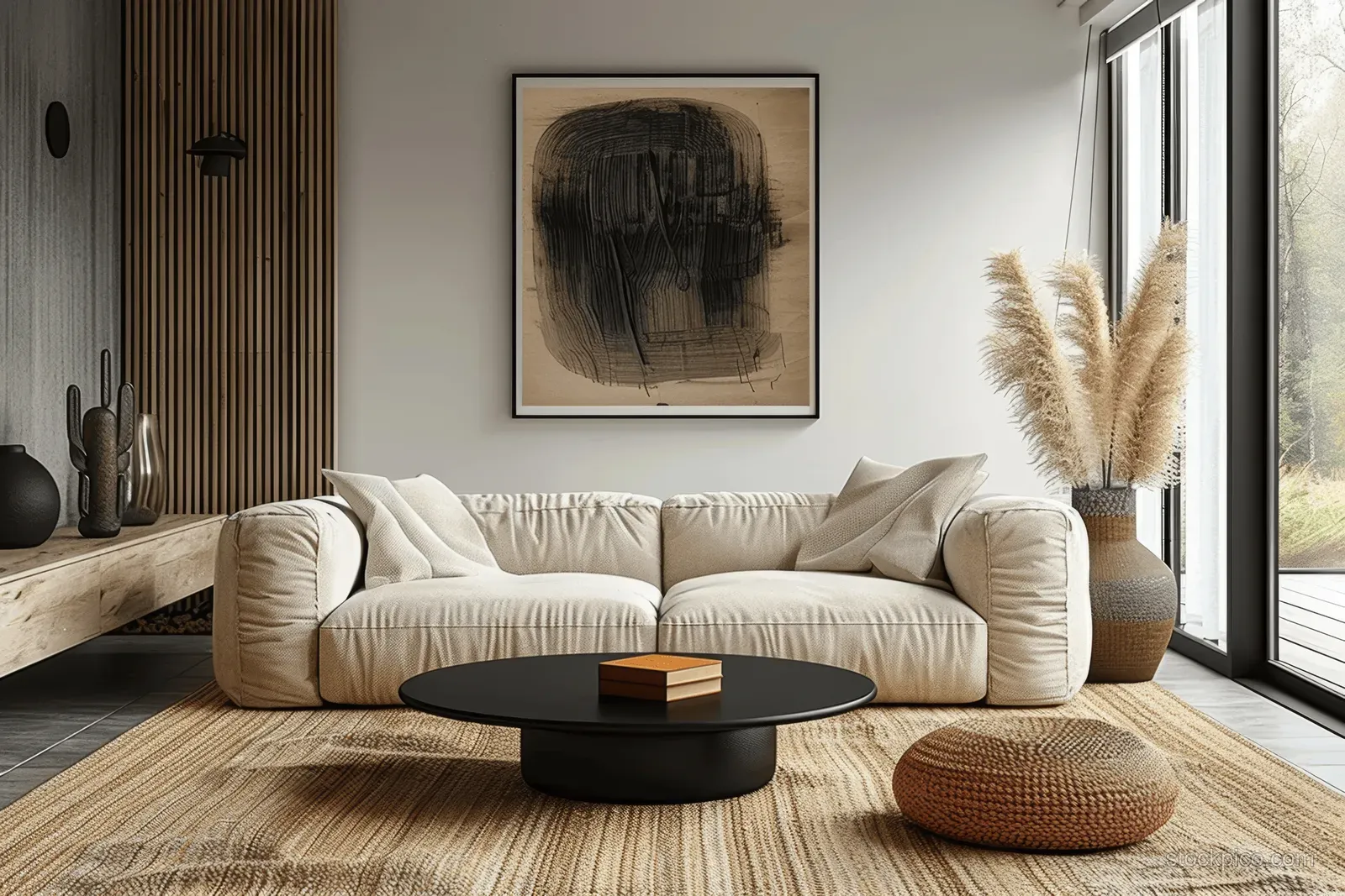 Beige sofa and black coffee table in a Scandinavian living room with abstract wall art and sunlight by a window.
