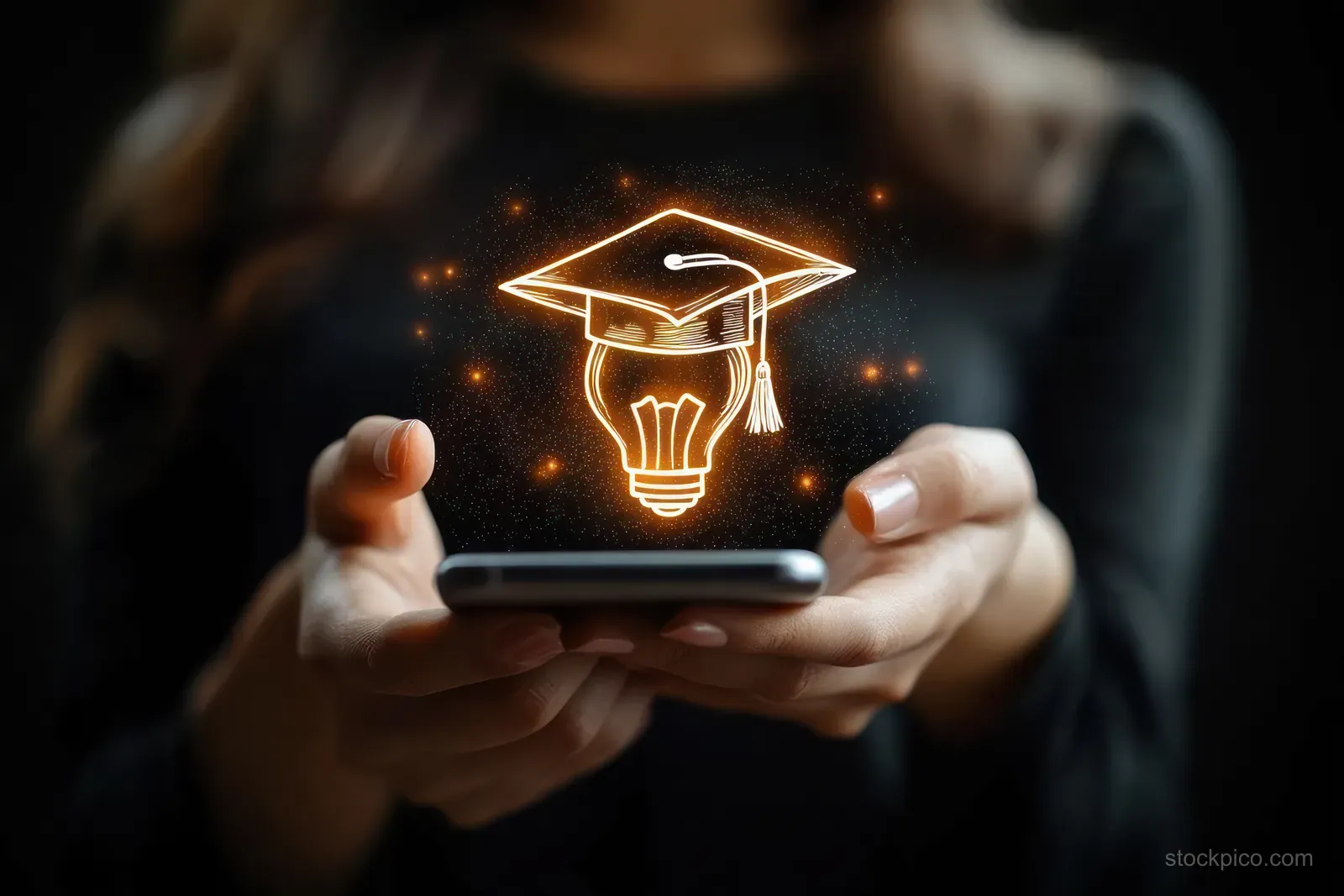 Hands holding a smartphone project a glowing holographic graduation cap over a light bulb icon.