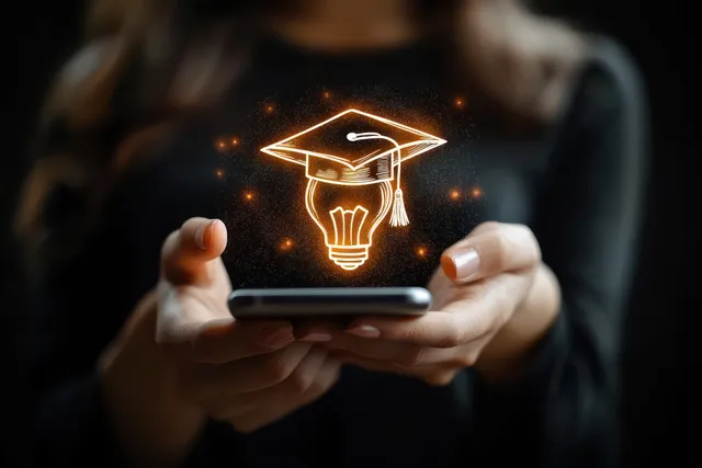 Hands holding a smartphone project a glowing holographic graduation cap over a light bulb icon.