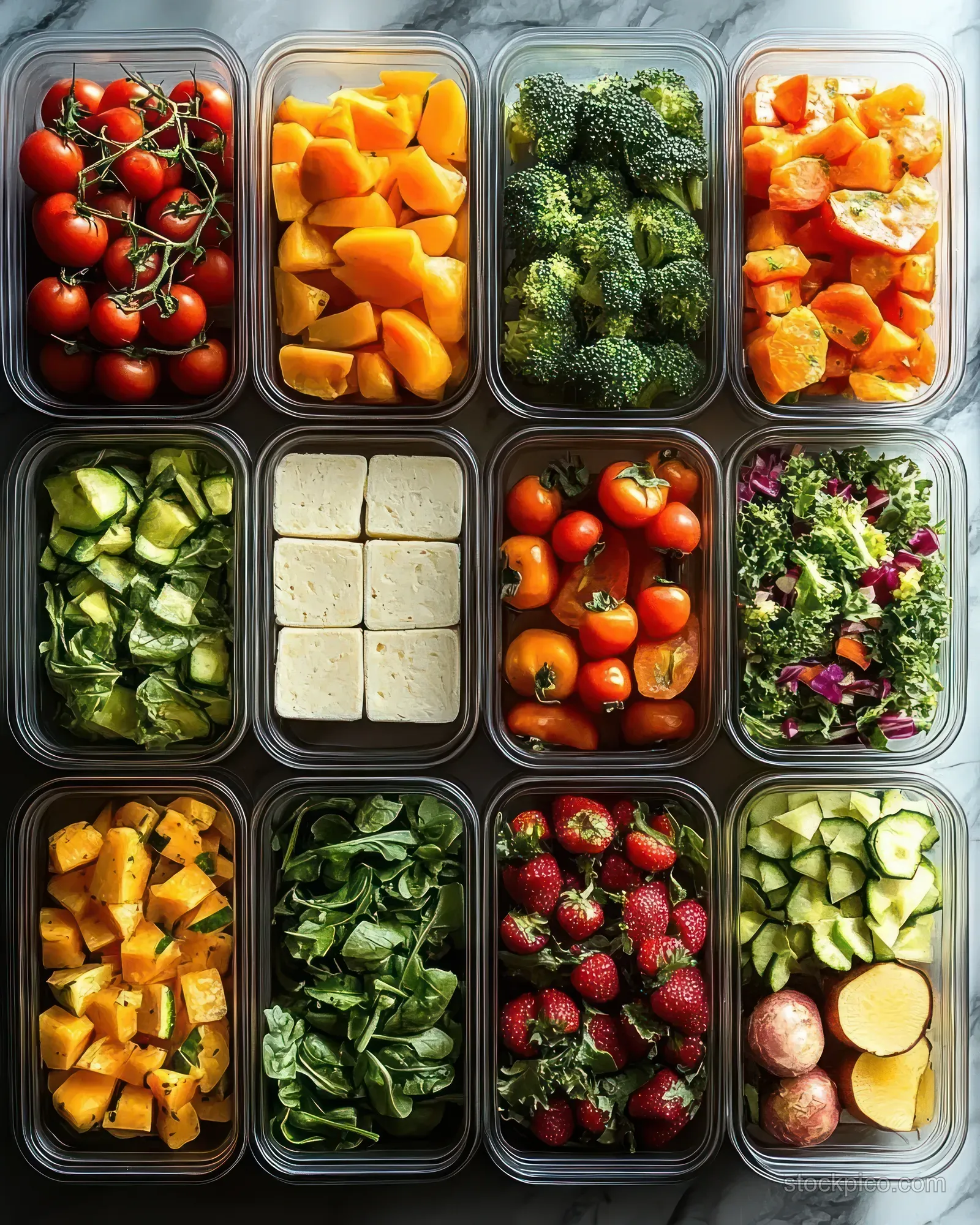 Top view shows twelve glass containers of chopped vegetables, fruits, and tofu neatly arranged on a marble surface.