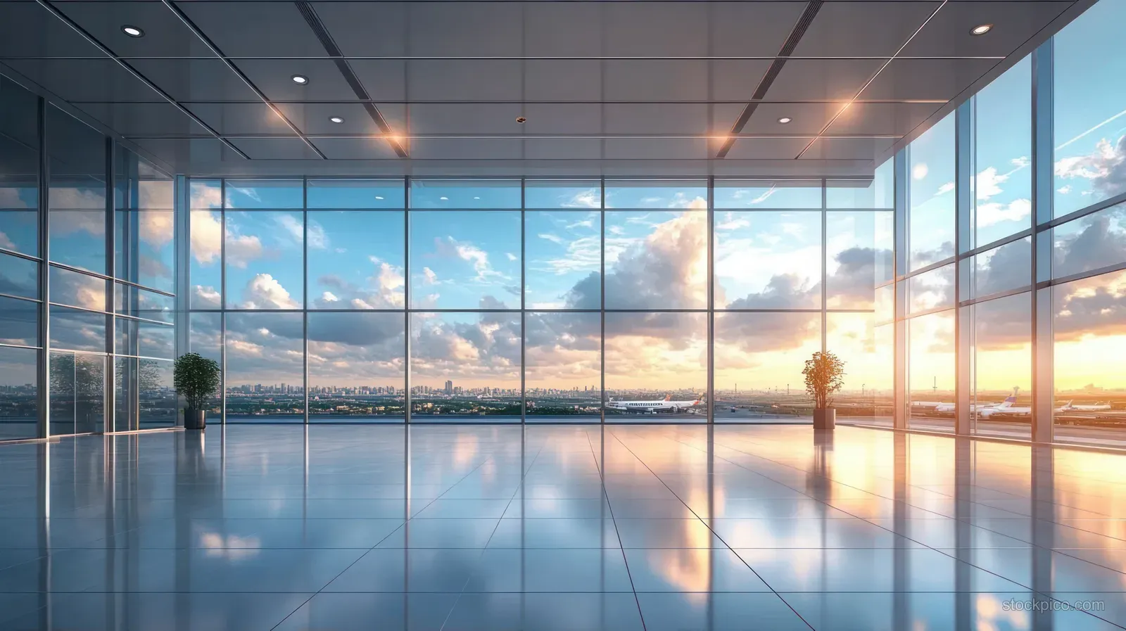 Empty airport terminal hall with large glass windows, planes on the runway, and a sunset skyline reflected on the tiled floor.