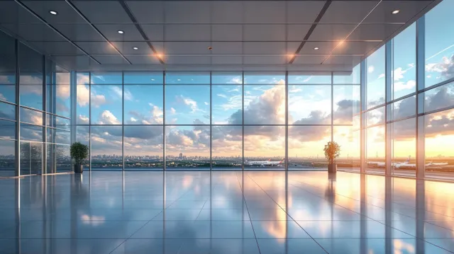 Empty airport terminal hall with large glass windows, planes on the runway, and a sunset skyline reflected on the tiled floor.
