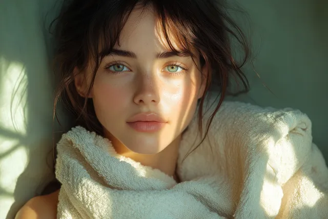 Serene young woman portrait indoors, towel wrapped, soft window light highlighting calm expression