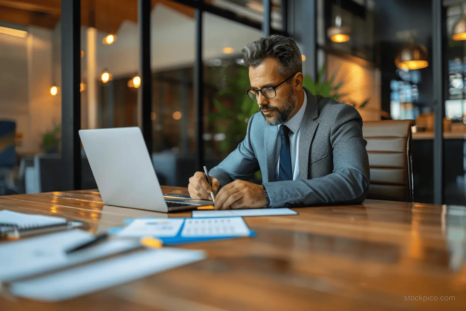 A man in glasses reviews financial papers beside a laptop at an office desk.