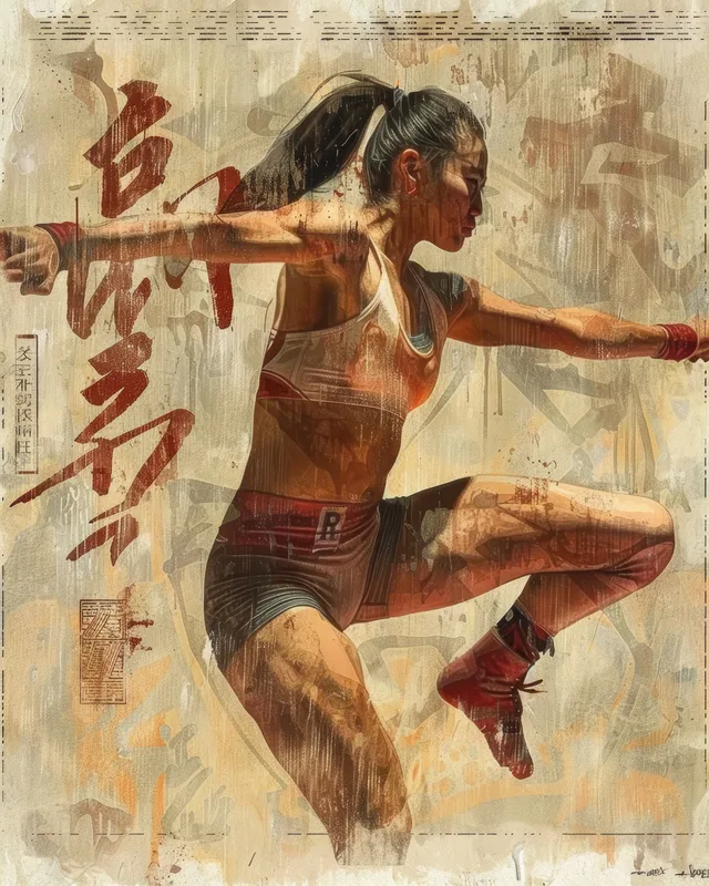 Chinese woman wrestler striking freestyle pose with red calligraphy and paper-texture background