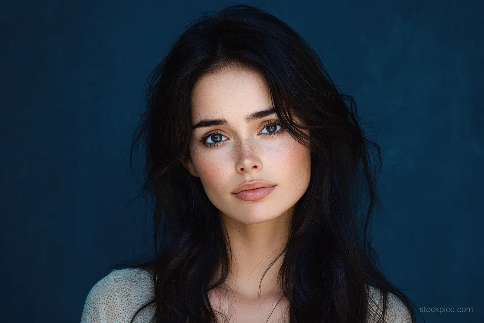 A young woman with long dark hair and freckles looks softly into the camera against a dark blue background.