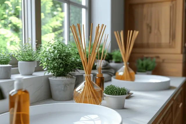 Bathroom countertop with potted plants and reed diffusers near bright window light