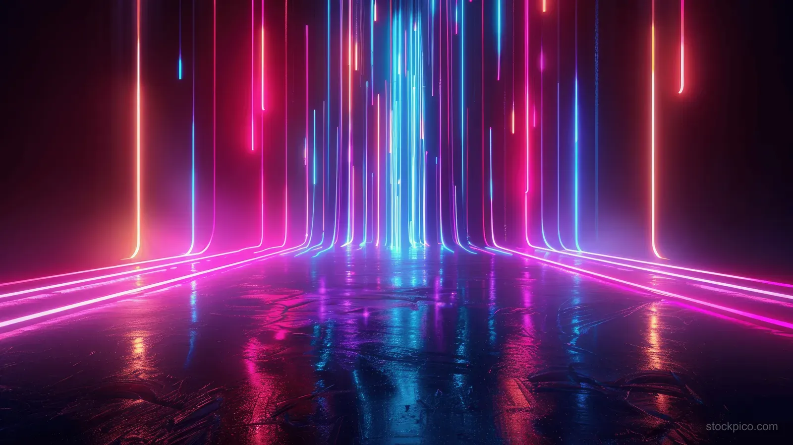 Neon light bars glow vertically down a futuristic corridor with reflections on a wet-looking floor.