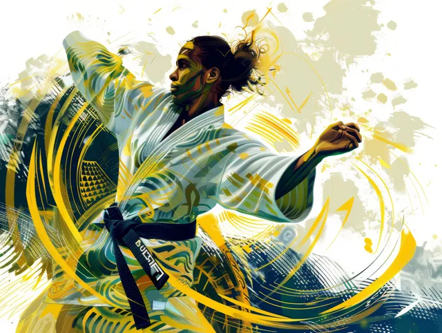 A Brazilian judoka in a white gi mid-throw with swirling yellow abstract energy behind.
