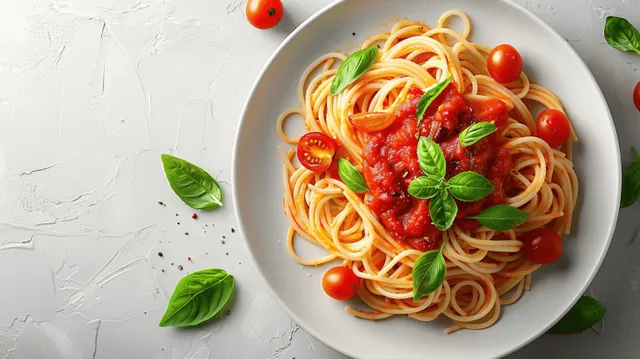 Spaghetti with tomato sauce and basil on white plate, top view with Top Down Food