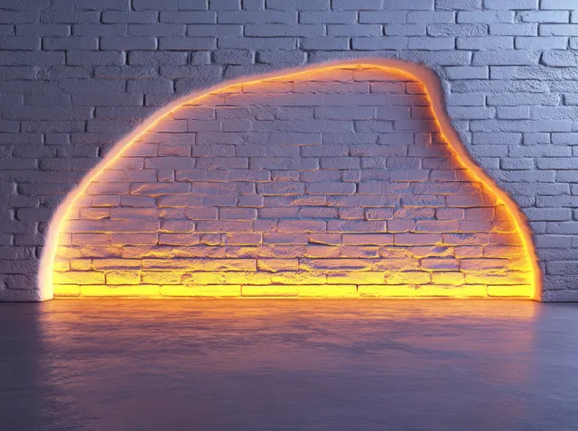White brick wall with a warm glowing LED arch light above a clean floor.