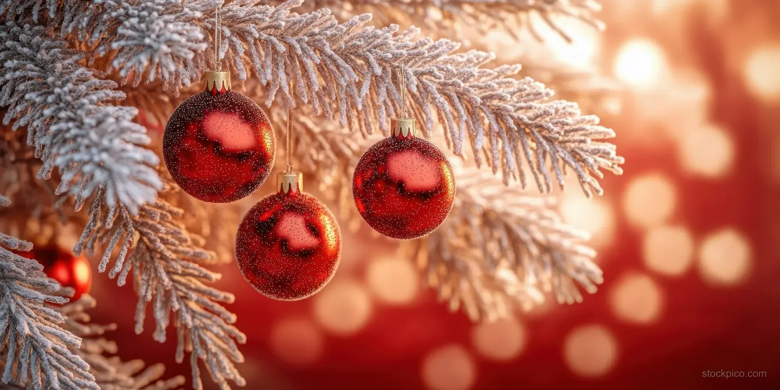 Red glitter Christmas baubles hang from snowy pine branches with warm bokeh lights behind them.