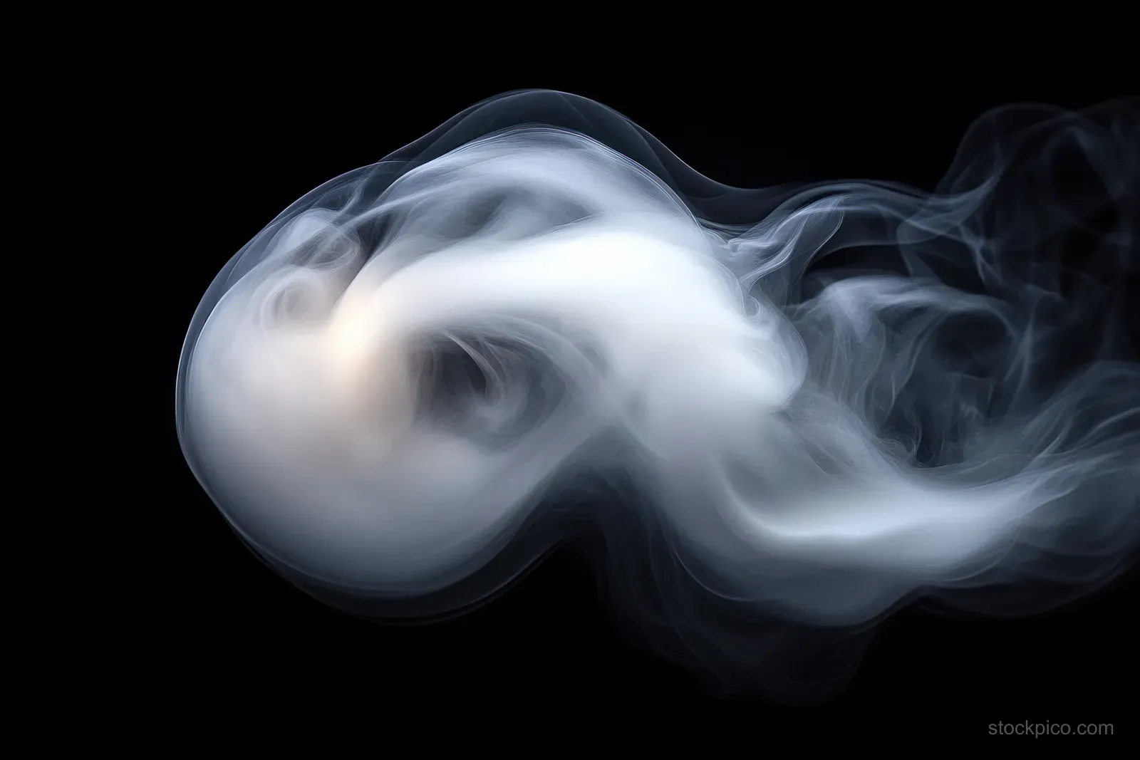 A white smoke ring swirls across a dark background, forming a soft circular vapor cloud.