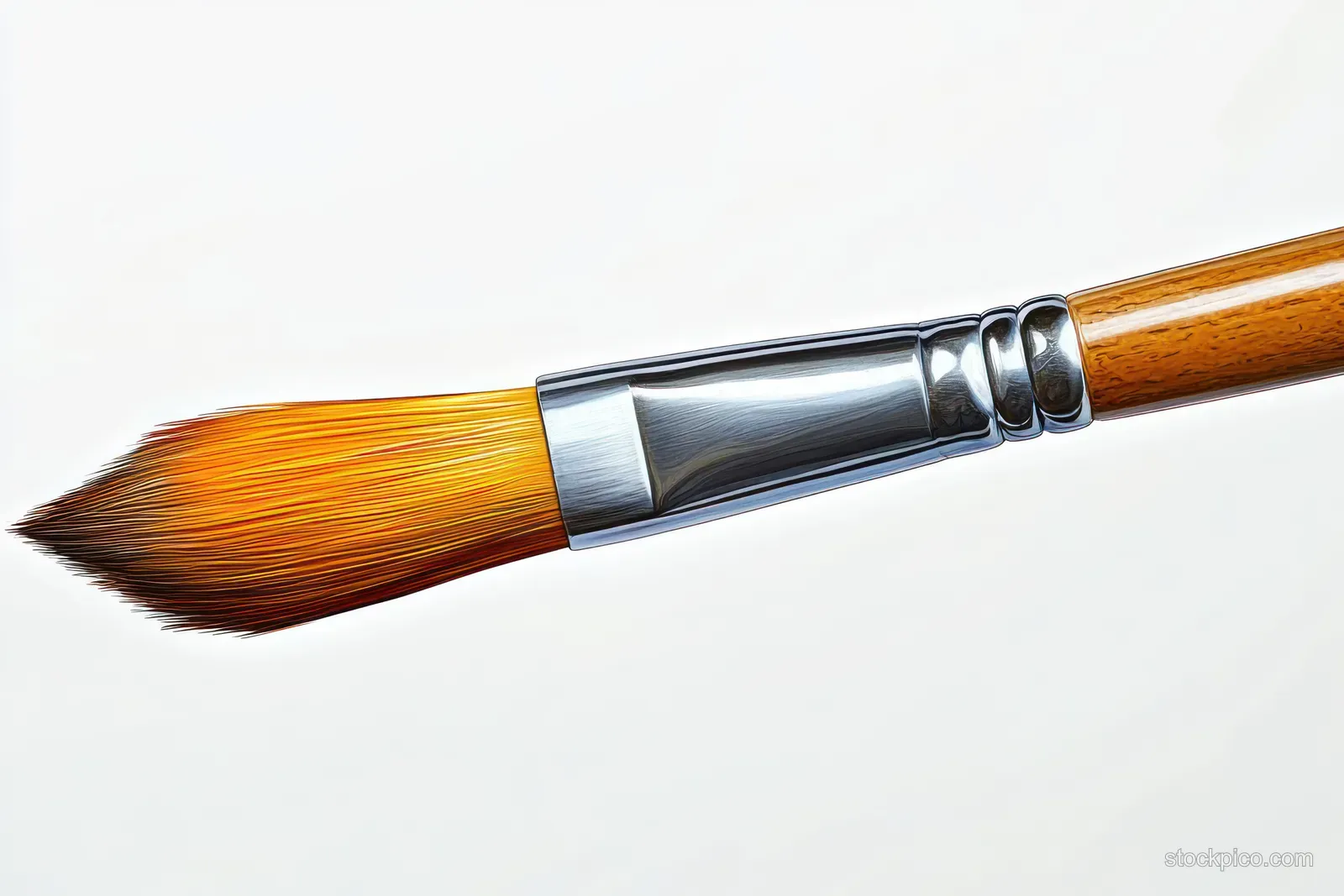 Close-up of a clean paintbrush with natural bristles and a wooden handle isolated on a white background.