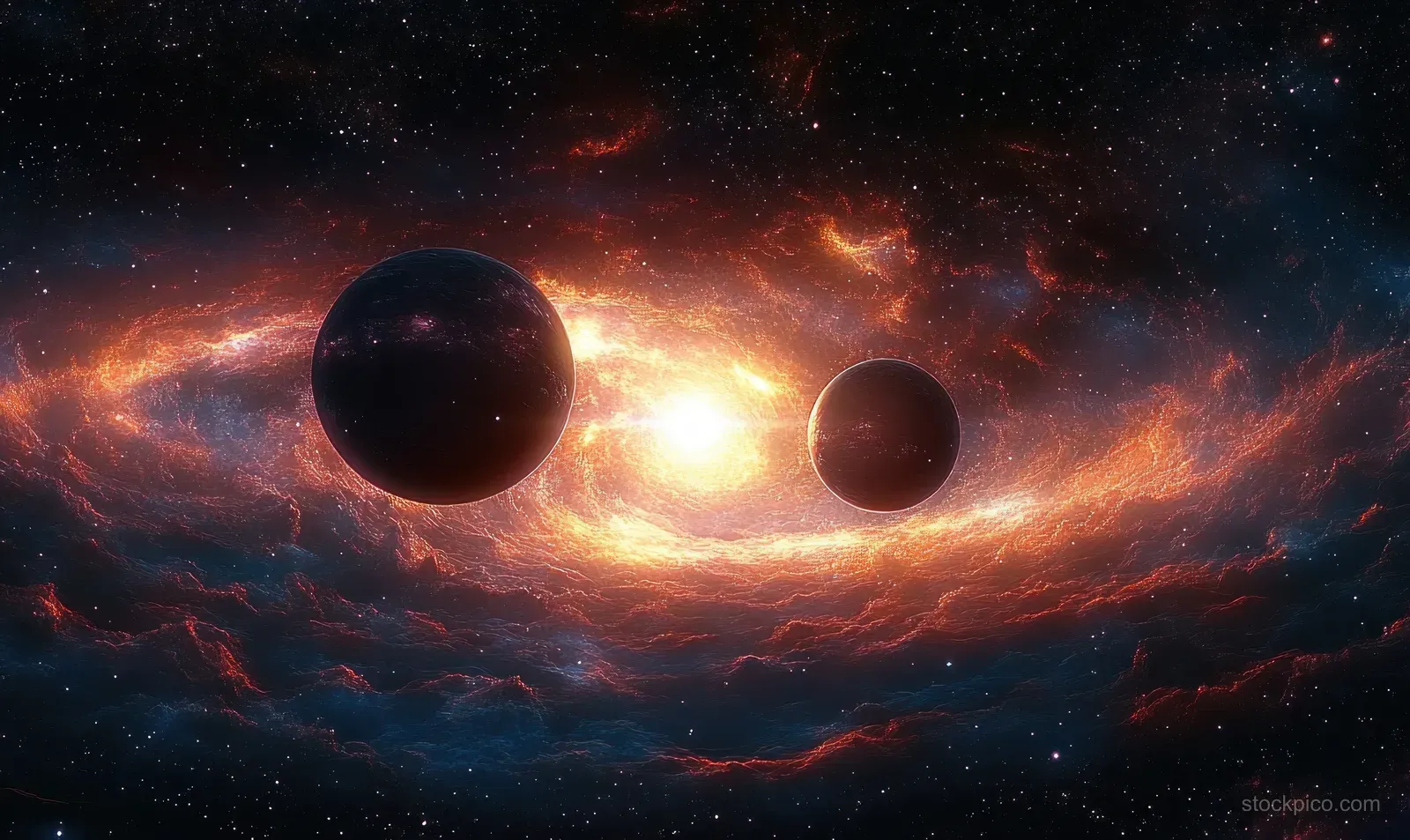 Two planets float in outer space while a bright central glow illuminates surrounding nebula clouds.