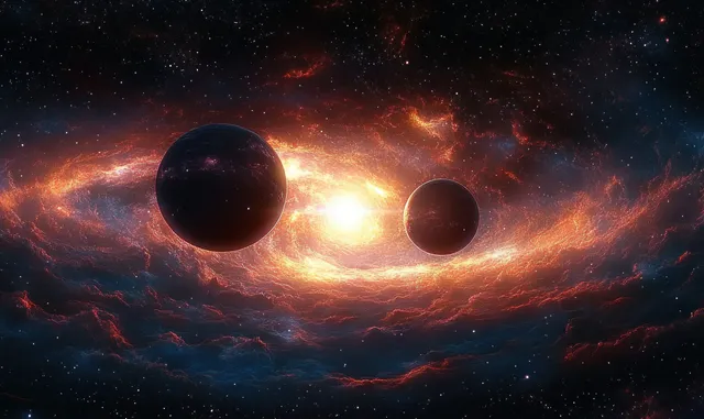 Two planets float in outer space while a bright central glow illuminates surrounding nebula clouds.