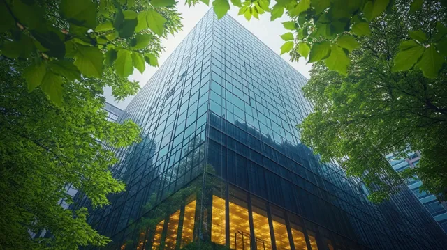 Glass office tower seen through lush green tree branches with warm interior lights glowing near the bottom.