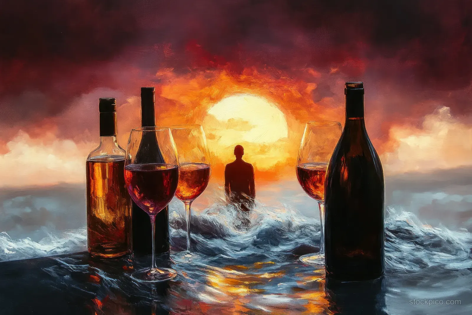 Silhouetted figure stands in ocean waves at sunset with wine bottles and glasses reflecting the warm glow.