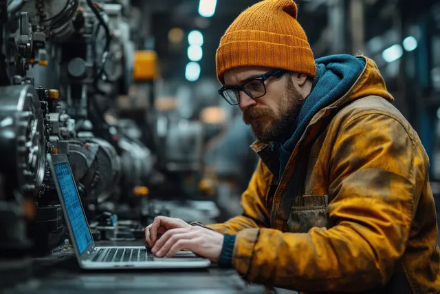 An industrial worker wearing a yellow helmet types on a laptop in a heavy machinery factory with visible industrial equipment behind.