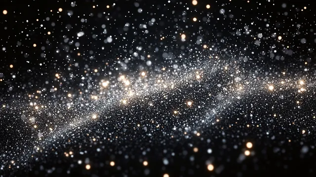 Glowing particle swarm forms a starry galaxy glow in dark space with soft bokeh light