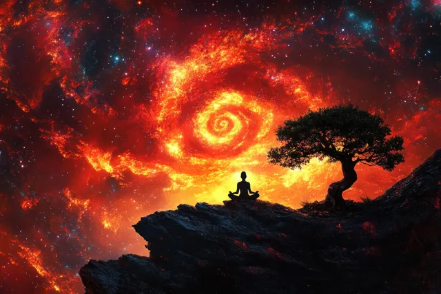 一位女性剪影在岩石悬崖上冥想，头顶是旋转的宇宙星系，旁边有一棵小盆景树。