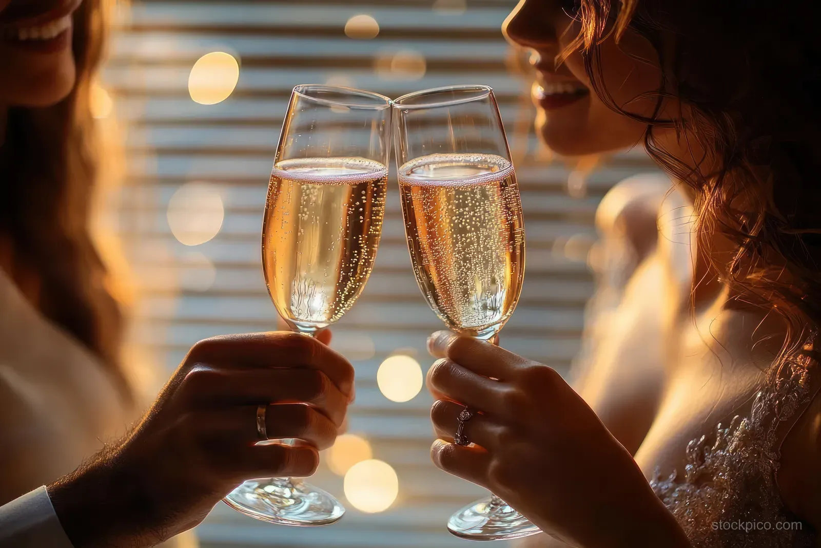 Two people clink champagne flutes with sparkling bubbles under warm glowing party lights and blurred bokeh background.