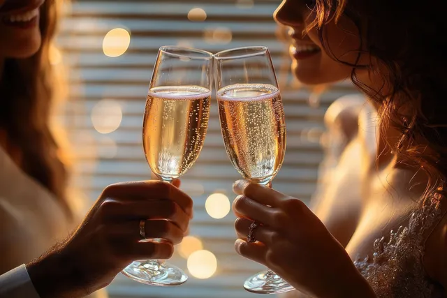 Two people clink champagne flutes with sparkling bubbles under warm glowing party lights and blurred bokeh background.