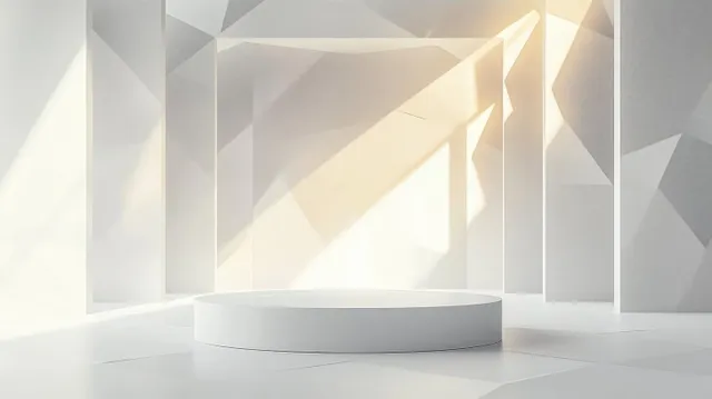 White geometric interior with angular walls, a central circular platform, and soft natural light casting shadows.