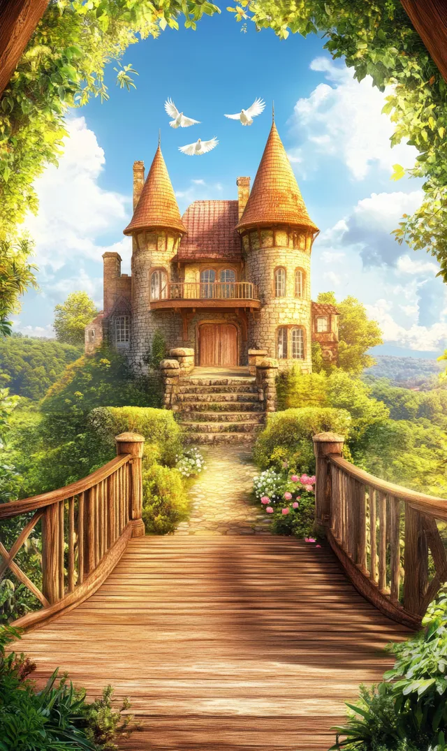 Golden turrets castle framed by arched greenery and stone bridge, doves flying