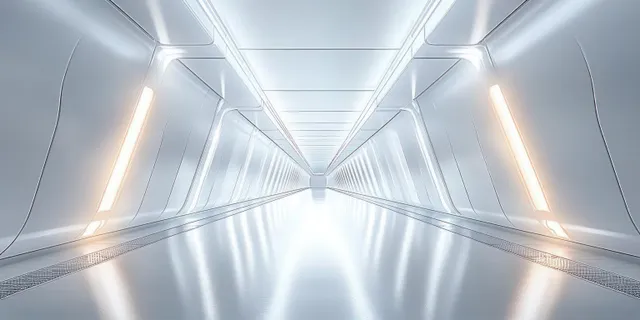 A minimalist futuristic corridor tunnel of bright white surfaces with glowing light strips and geometric ceiling panels.