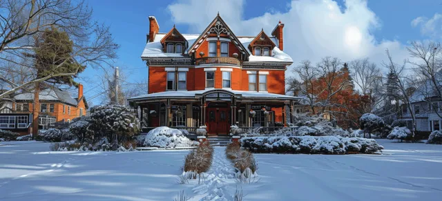 A snowy red brick Victorian house with turret roofs and a front porch sits under a bright blue winter sky.