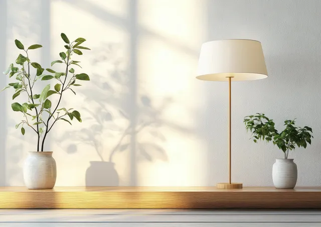 White floor lamp beside ceramic pots of leafy greenery on a wooden shelf in soft sunlight.