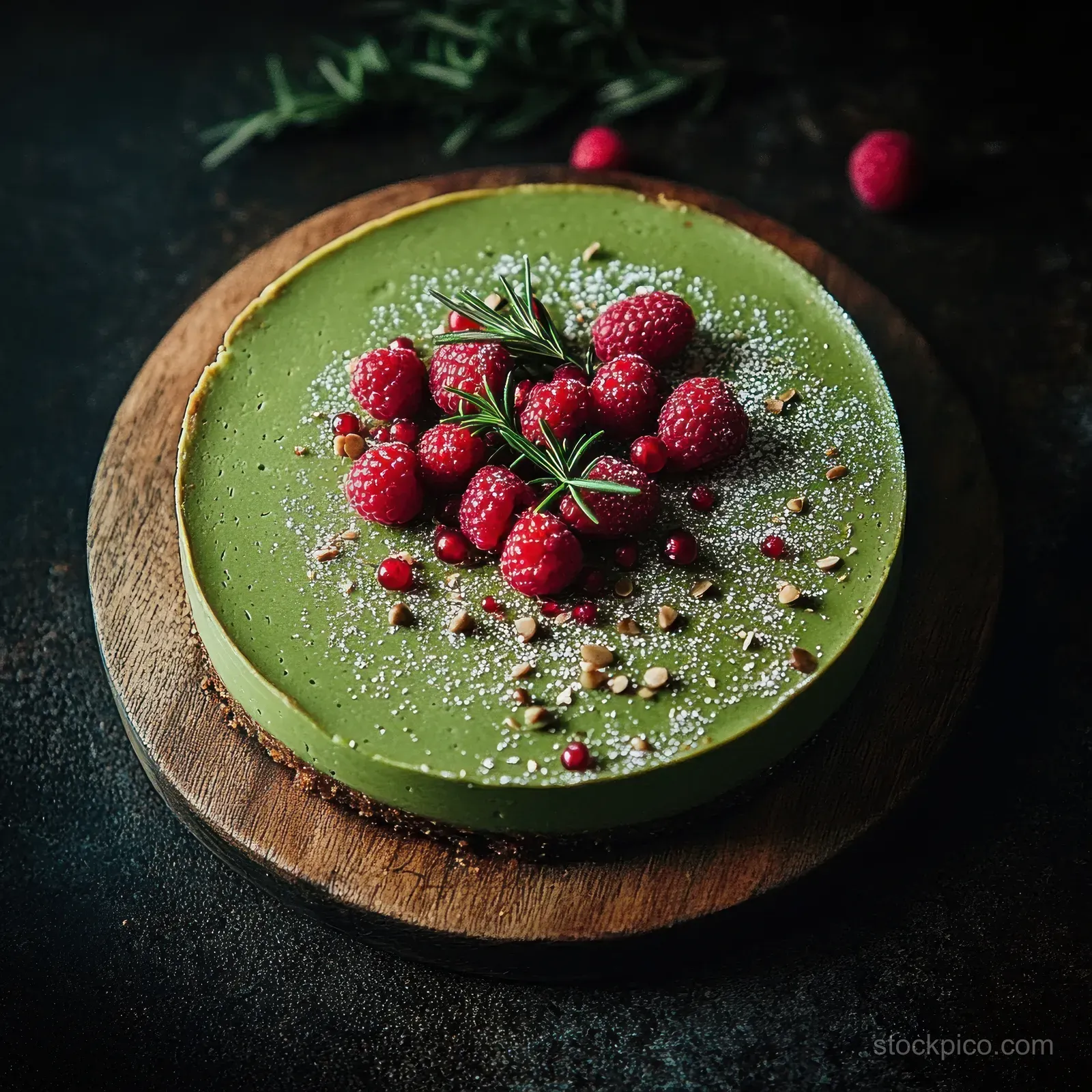 Green dessert cake topped with raspberries, powdered sugar, seeds, and rosemary on a wooden board on a dark background.