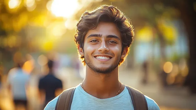 Smiling young man with a backpack walking outdoors in golden hour light with blurred trees and pedestrians behind.