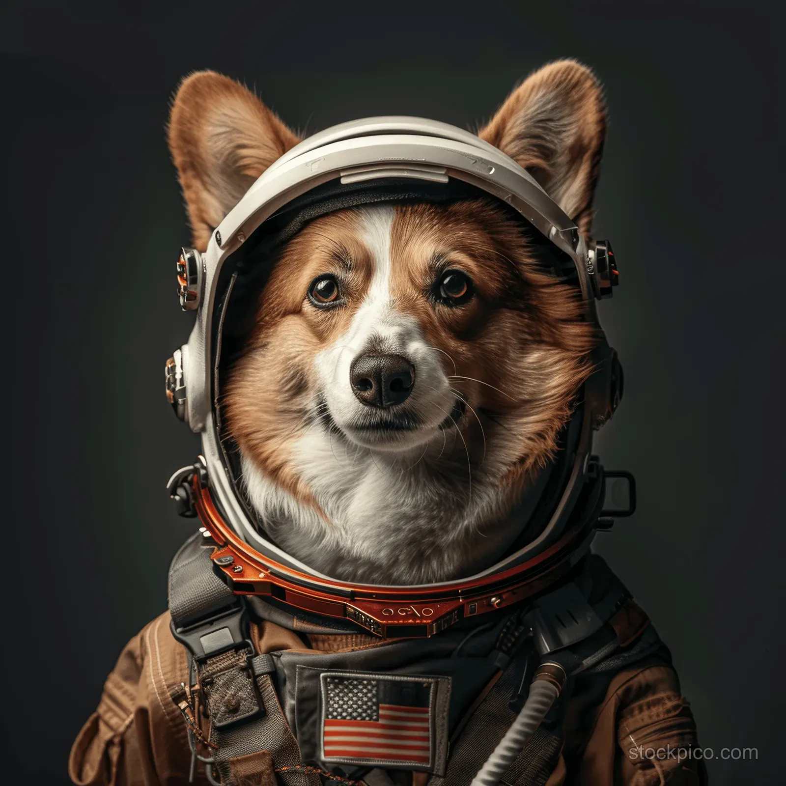 A corgi dog wearing an astronaut helmet and suit poses for a studio portrait against a dark background.