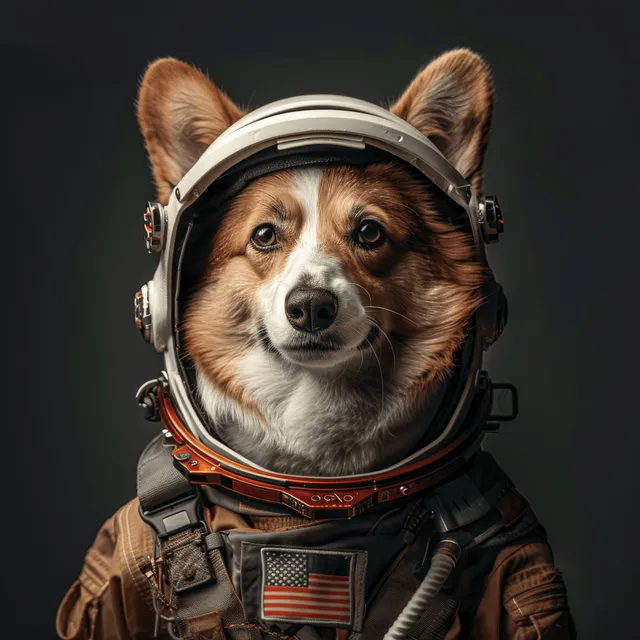 A corgi dog wearing an astronaut helmet and suit poses for a studio portrait against a dark background.