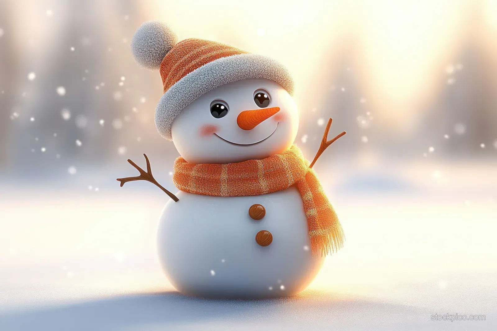 A friendly 3D cartoon snowman waves while snowflakes fall in a snowy winter scene.