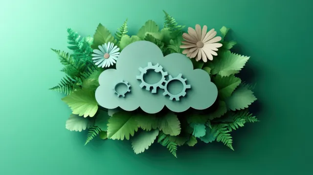 Eco cloud made of cut-out gears with daisies, set on teal gradient background