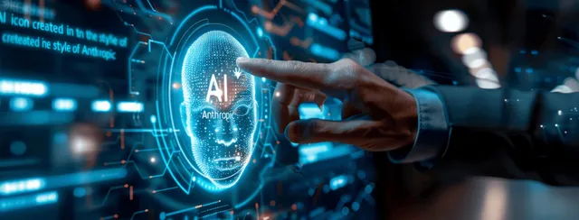 Hand in suit jacket reaching toward glowing AI hologram on digital interface