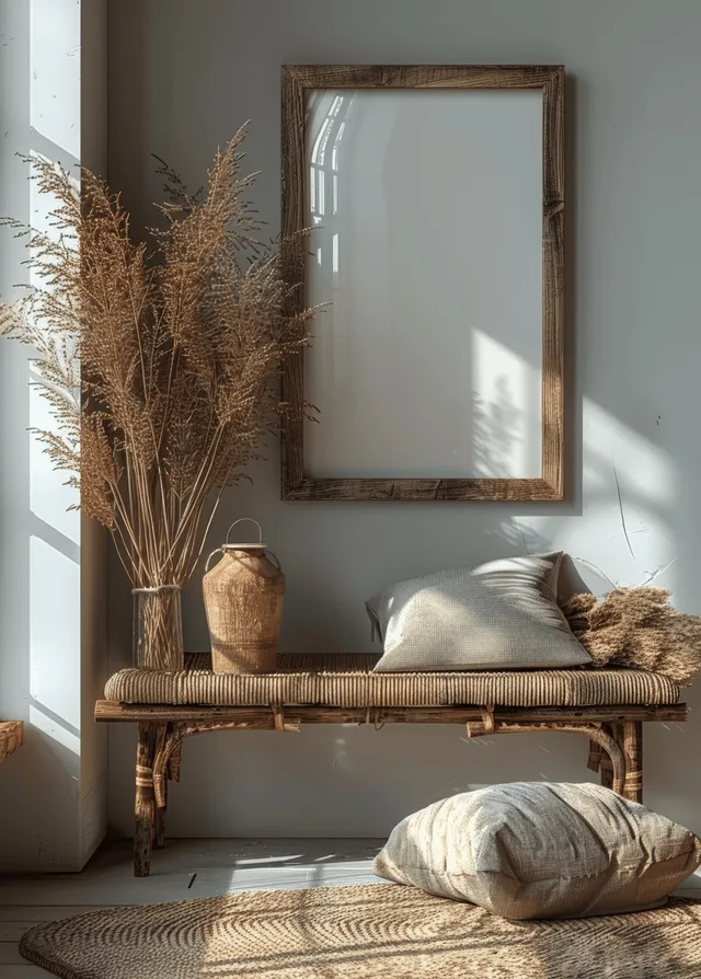 Blank boho poster frame on a rattan table beside neutral cushions in a bright white room with soft shadows.