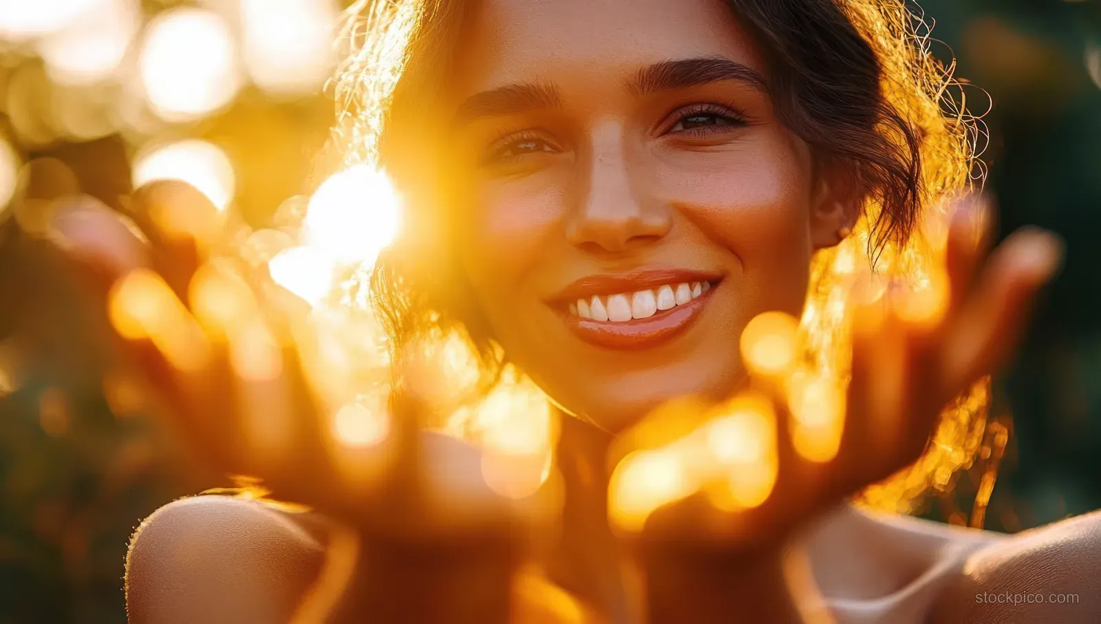 A smiling woman in swimwear forms a heart with her hands on a sunlit beach with golden bokeh.