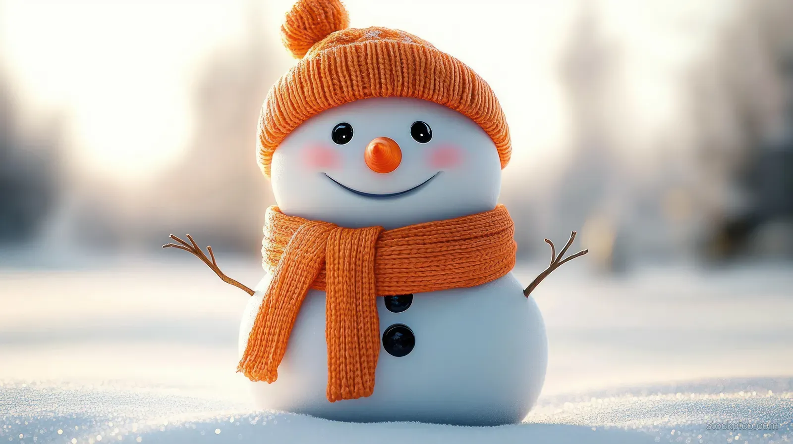 A smiling snowman wearing an orange hat and scarf stands on snow with twig arms.