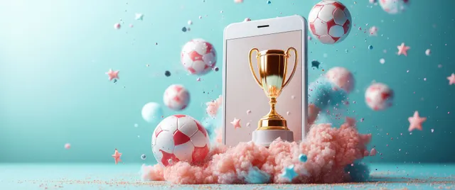 Isometric smartphone displaying a golden trophy with soccer balls and confetti